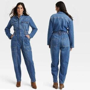 BN12 Universal Thread Women's Blue‎ Denim Jumpsuit Tapered Leg Zip up size 2